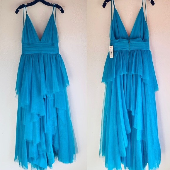 Alice + Olivia Turquoise Tiered Tulle Gown Size 6 Sleeveless Blue Ballgown NWT - Picture 9 of 16